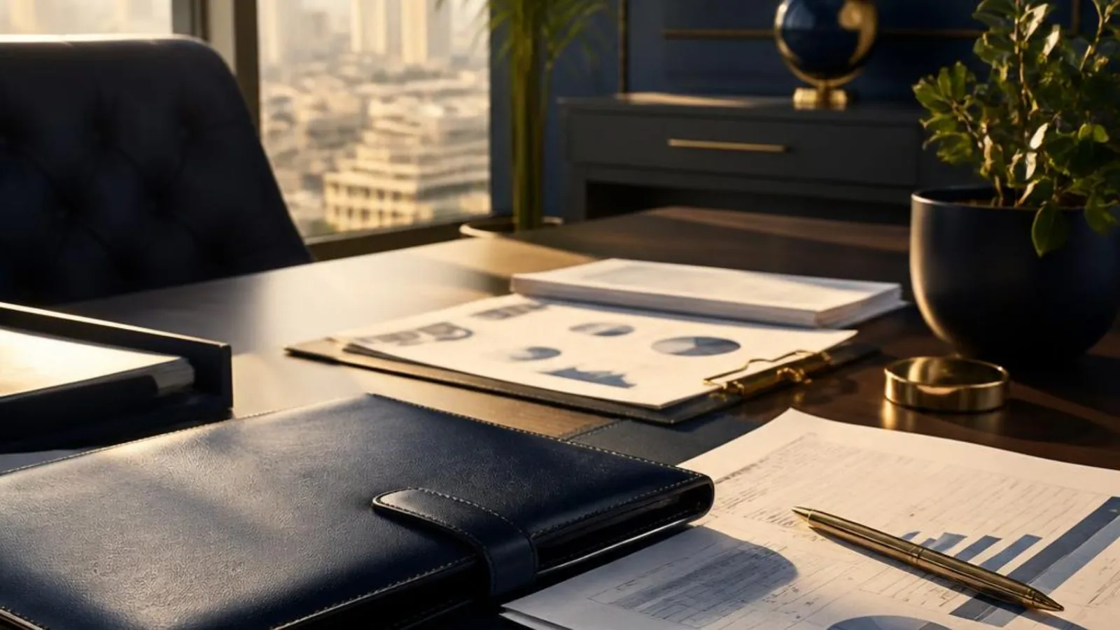 A polished desk with financial reports, a leather folder and a pen